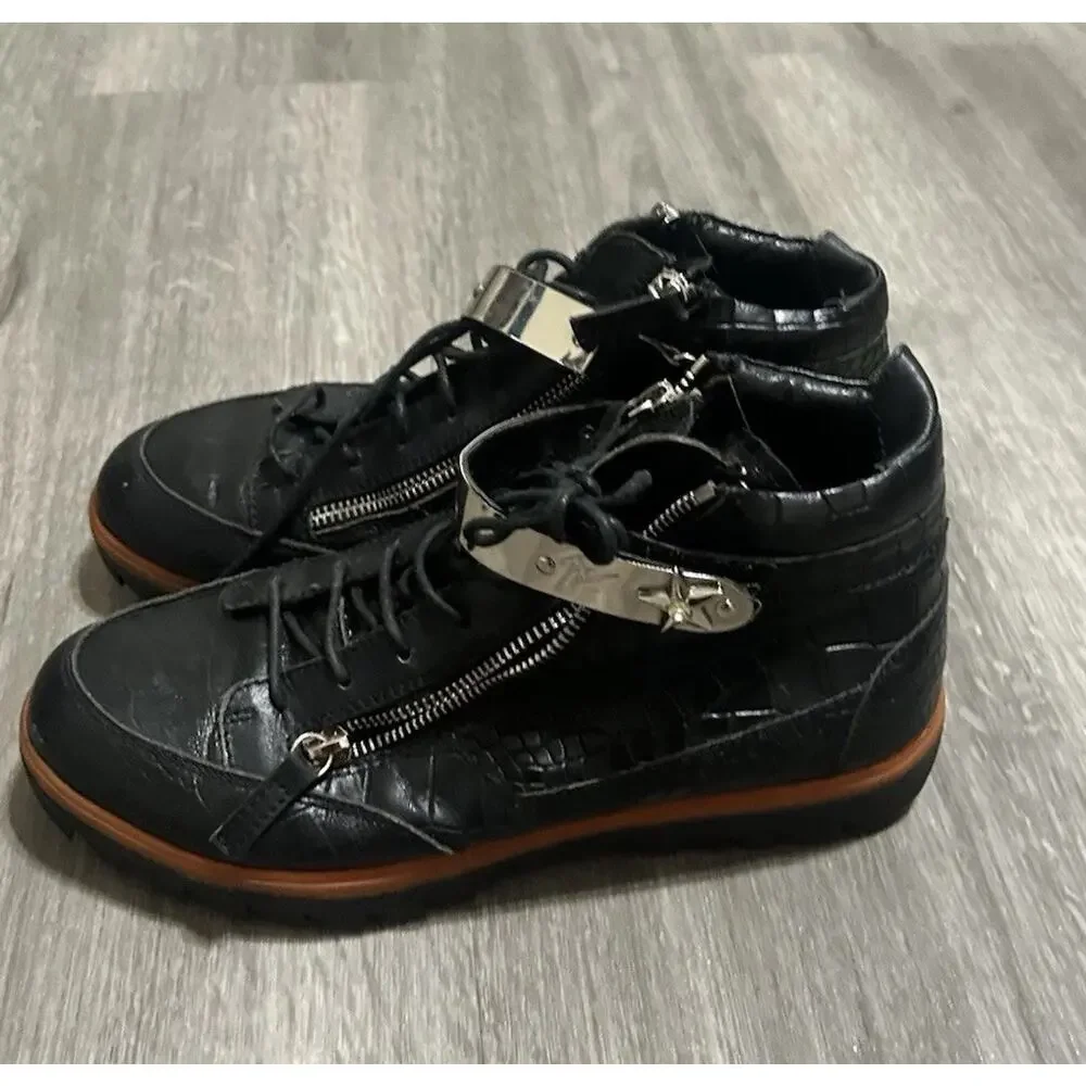 Giuseppe Zanotti Black Croc Embossed Leather High Top Sneakers Double Zip EU 39
